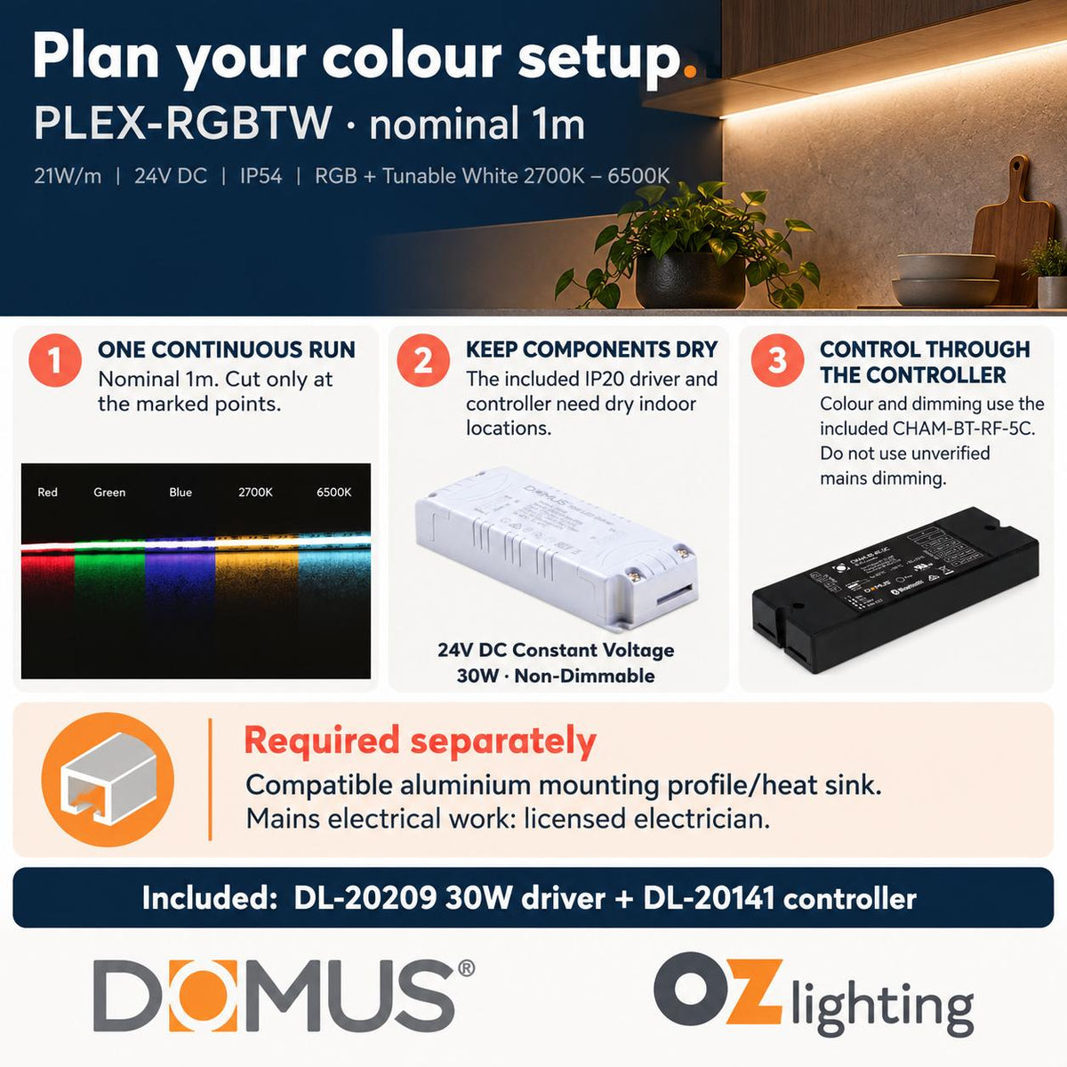 Domus PLEX 1 Metre 21W/m RGB + White Strip and Driver Bundle-Domus Lighting-Ozlighting.com.au