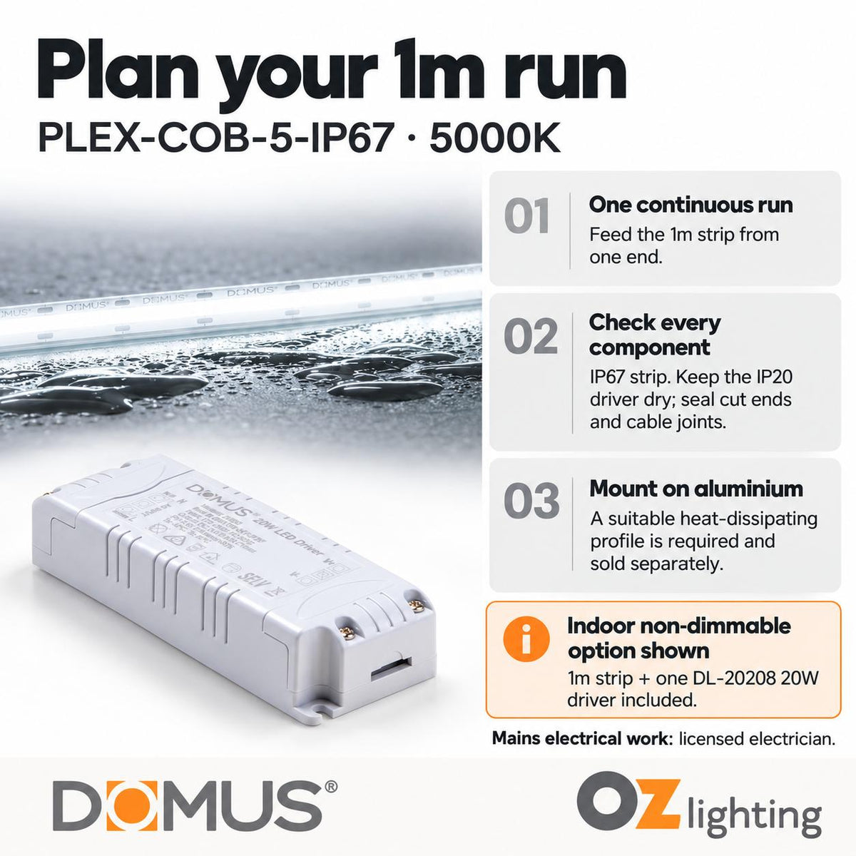 Domus PLEX-COB-5-IP67 1m 5000K LED strip and driver bundle — practical advice