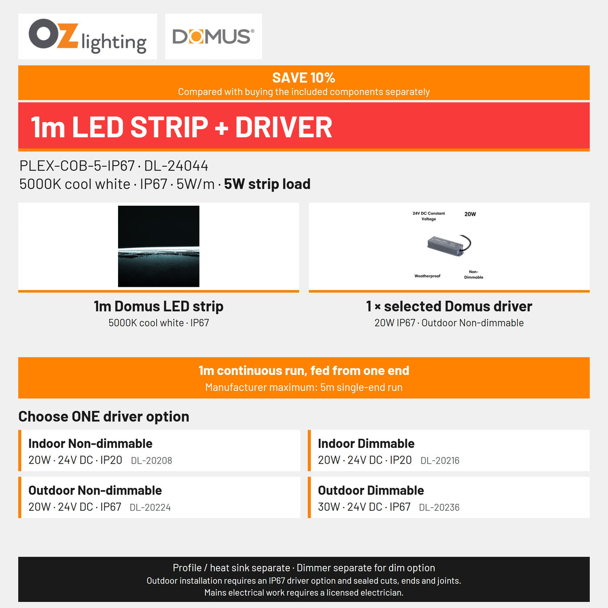 Domus PLEX 1 Metre 5W/m Cool White Outdoor Strip and Driver Bundle-Domus Lighting-Ozlighting.com.au