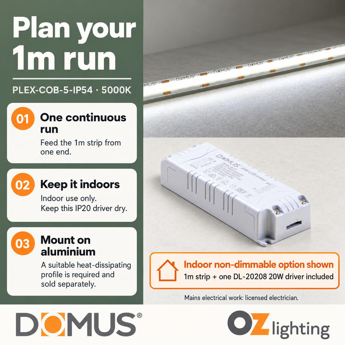 Domus PLEX-COB-5-IP54 1m 5000K LED strip and driver bundle — practical advice