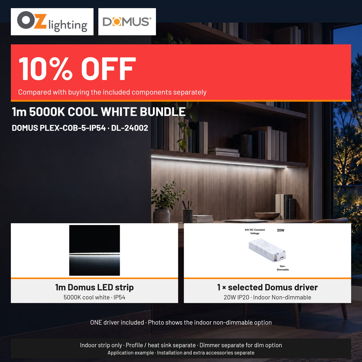 Domus PLEX 1 Metre 5W/m Cool White Strip and Driver Bundle-Domus Lighting-Ozlighting.com.au
