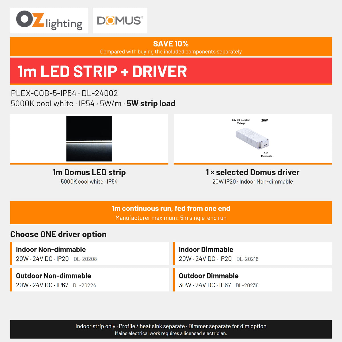 Domus PLEX 1 Metre 5W/m Cool White Strip and Driver Bundle-Domus Lighting-Ozlighting.com.au