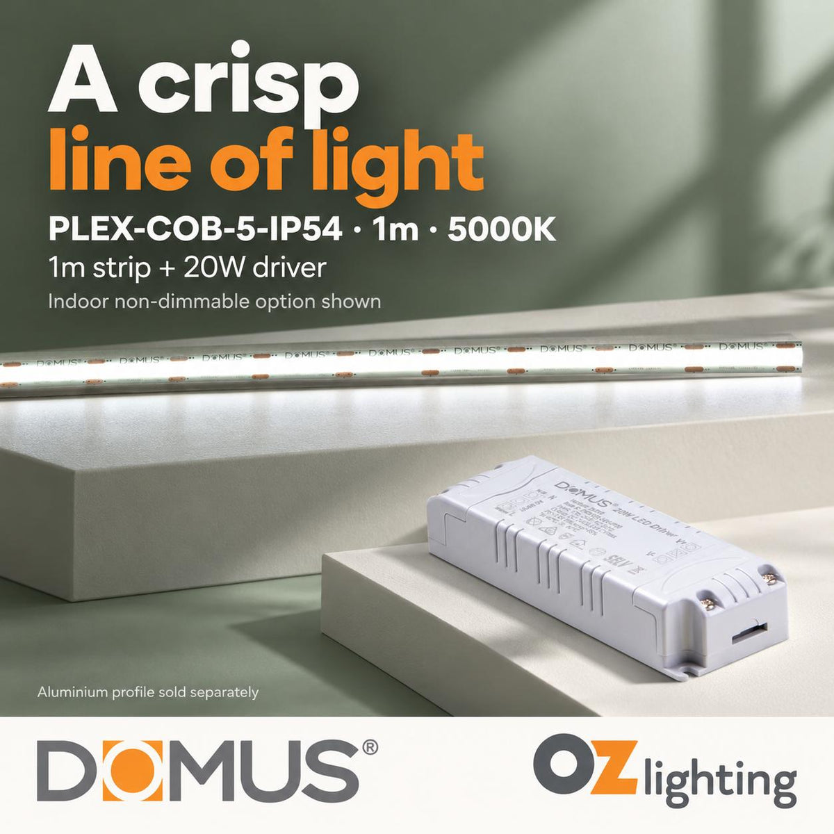 Domus PLEX-COB-5-IP54 1m 5000K LED strip and driver bundle — hero