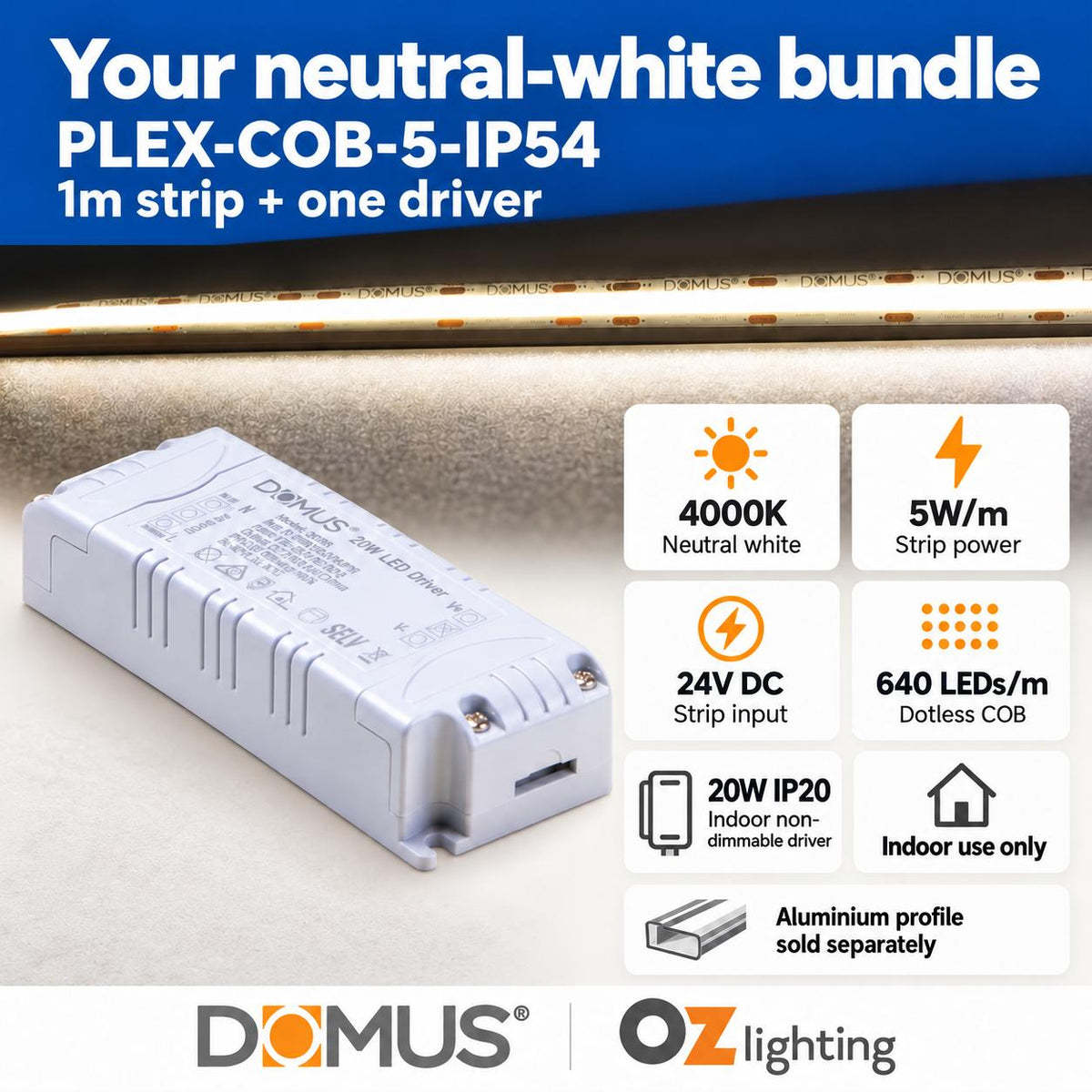 Domus PLEX-COB-5-IP54 1m 4000K LED strip and driver bundle — product details