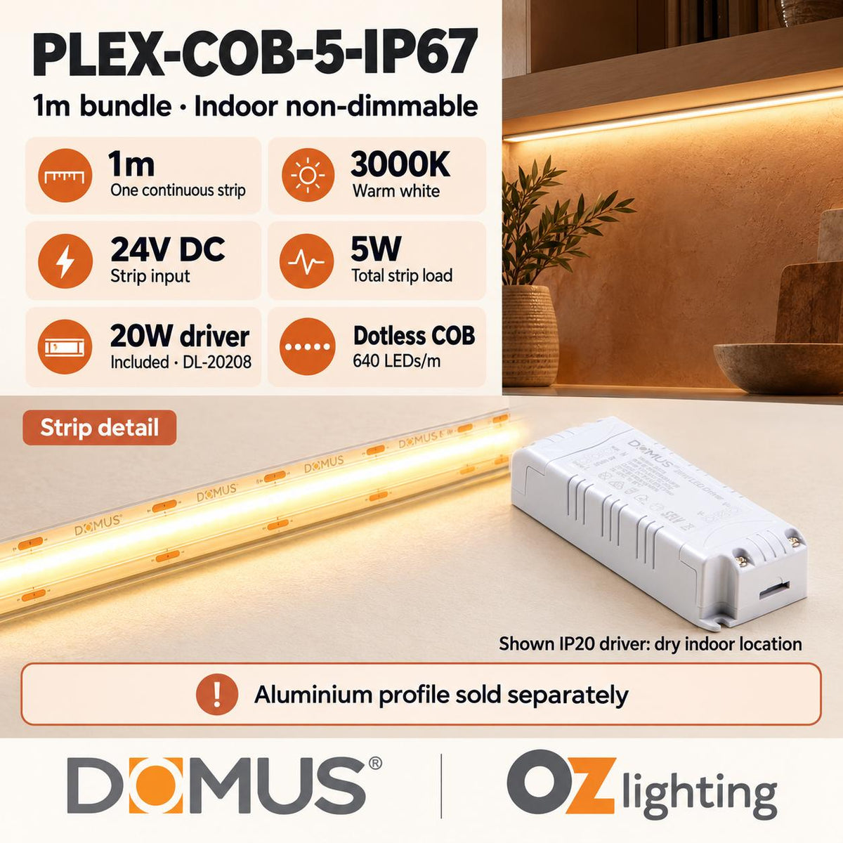 Domus PLEX-COB-5-IP67 1m 3000K LED strip and driver bundle — product details