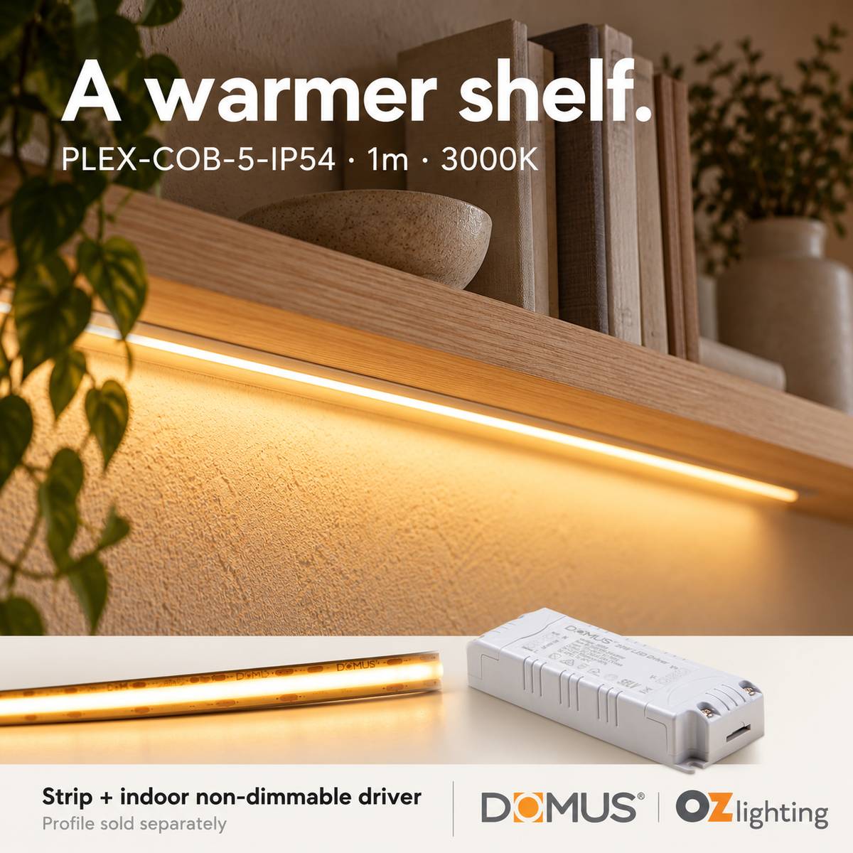 Domus PLEX-COB-5-IP54 1m 3000K LED strip and driver bundle — hero