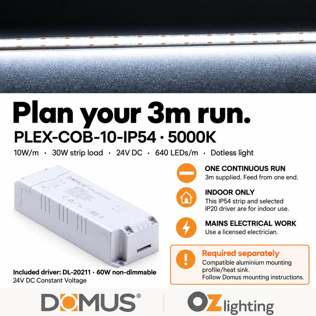 Domus PLEX 3 Metre 10W/m Cool White Strip and Driver Bundle-Domus Lighting-Ozlighting.com.au
