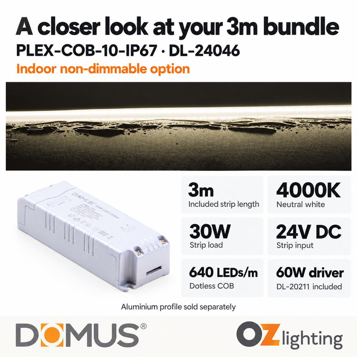 Domus PLEX 3 Metre 10W/m Neutral White Outdoor Strip and Driver Bundle-Domus Lighting-Ozlighting.com.au