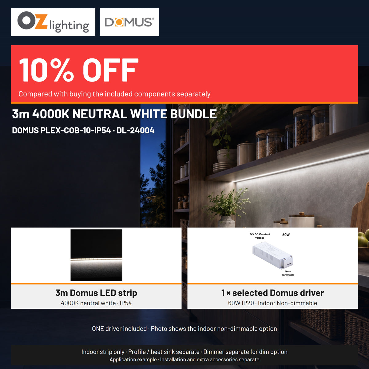 Domus PLEX 3 Metre 10W/m Neutral White Strip and Driver Bundle-Domus Lighting-Ozlighting.com.au