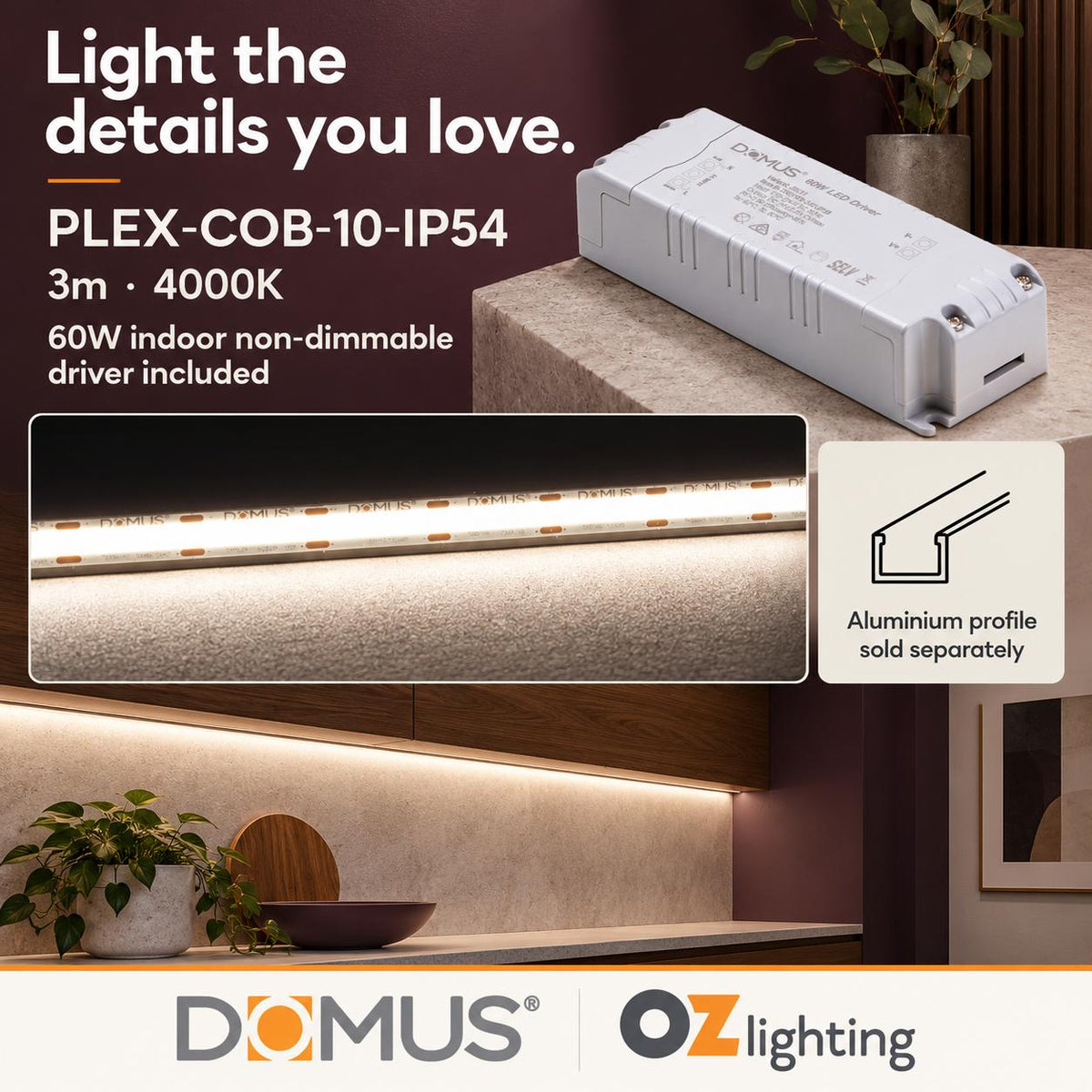 Domus PLEX-COB-10-IP54 3m 4000K LED strip and driver bundle — hero
