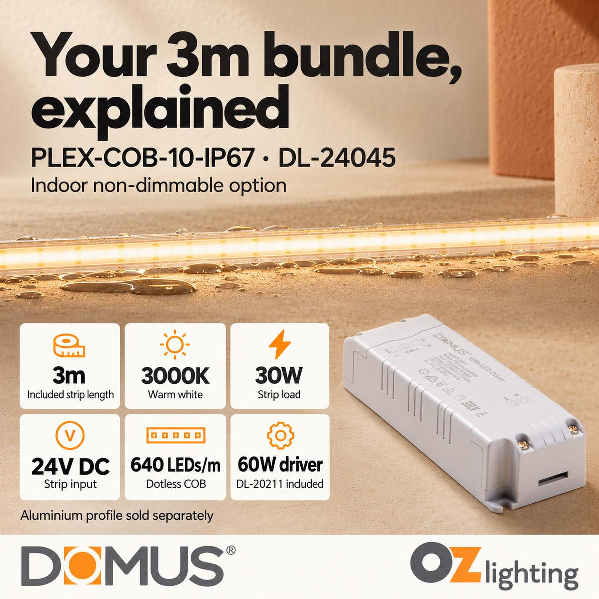 Domus PLEX 3 Metre 10W/m Warm White Outdoor Strip and Driver Bundle-Domus Lighting-Ozlighting.com.au