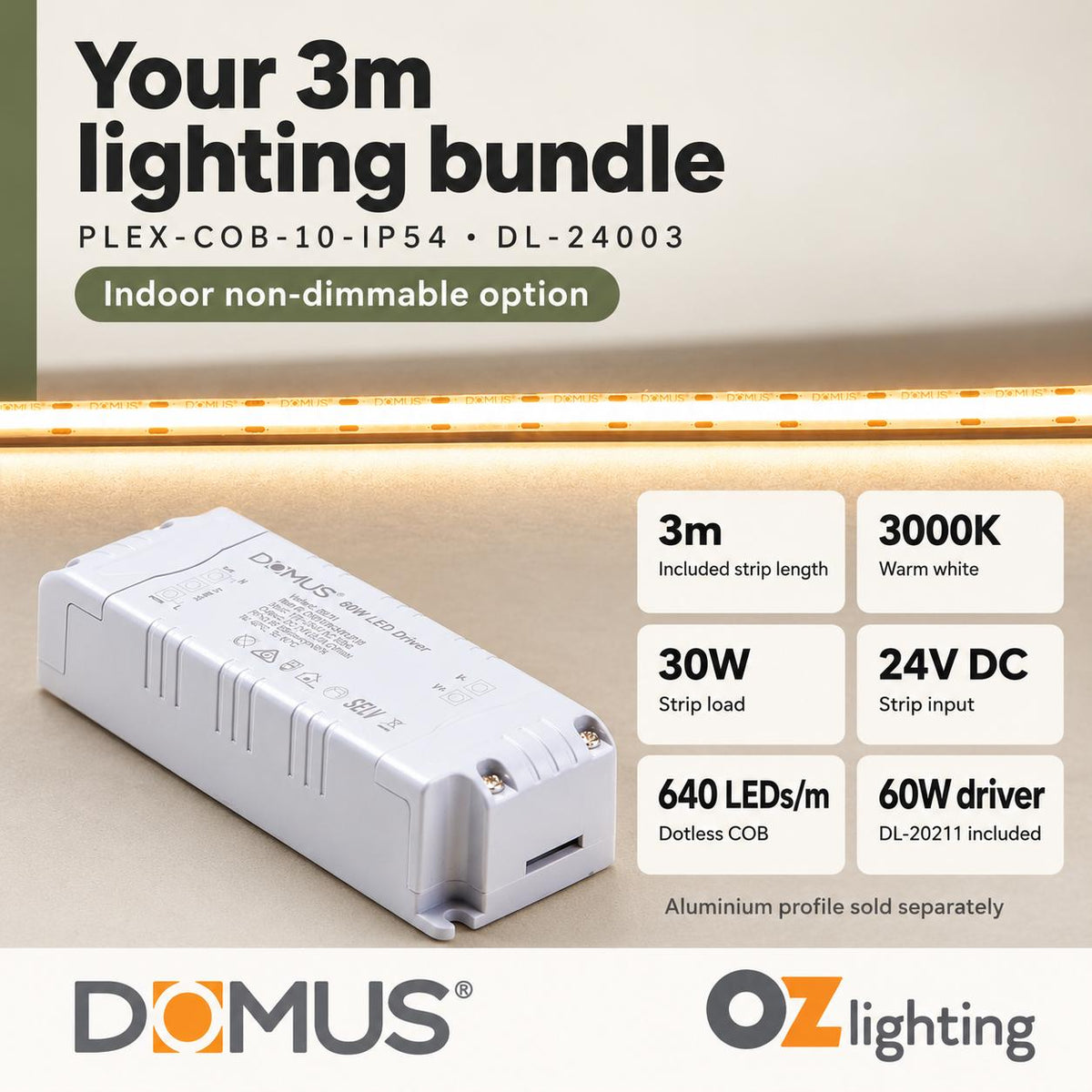 Domus PLEX-COB-10-IP54 3m 3000K LED strip and driver bundle — product details
