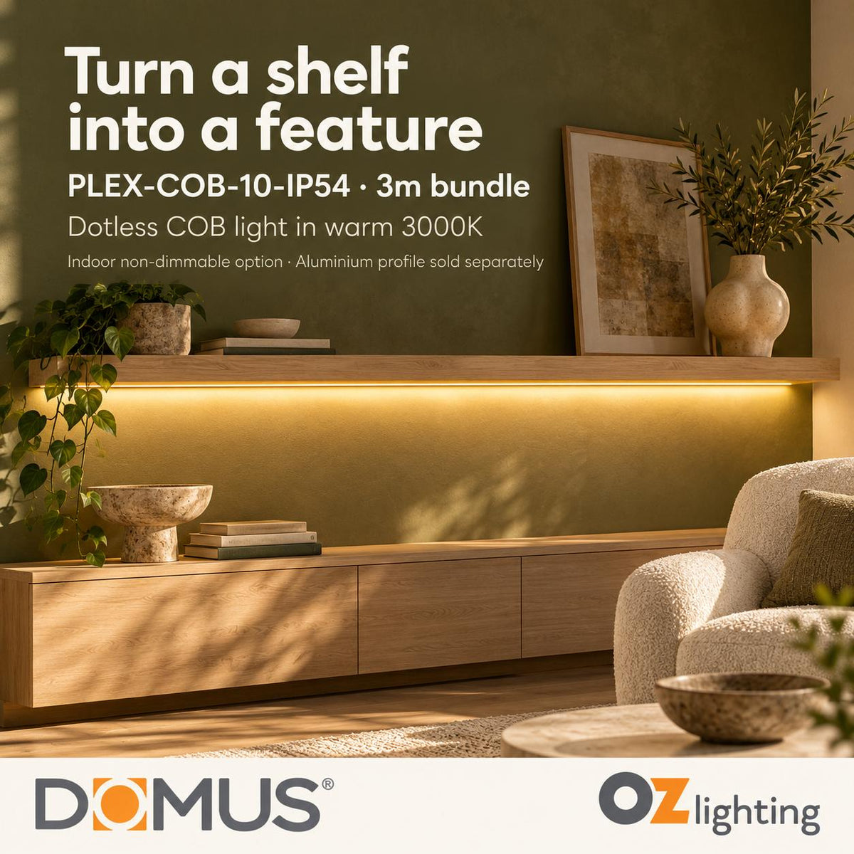 Domus PLEX-COB-10-IP54 3m 3000K LED strip and driver bundle — product benefit
