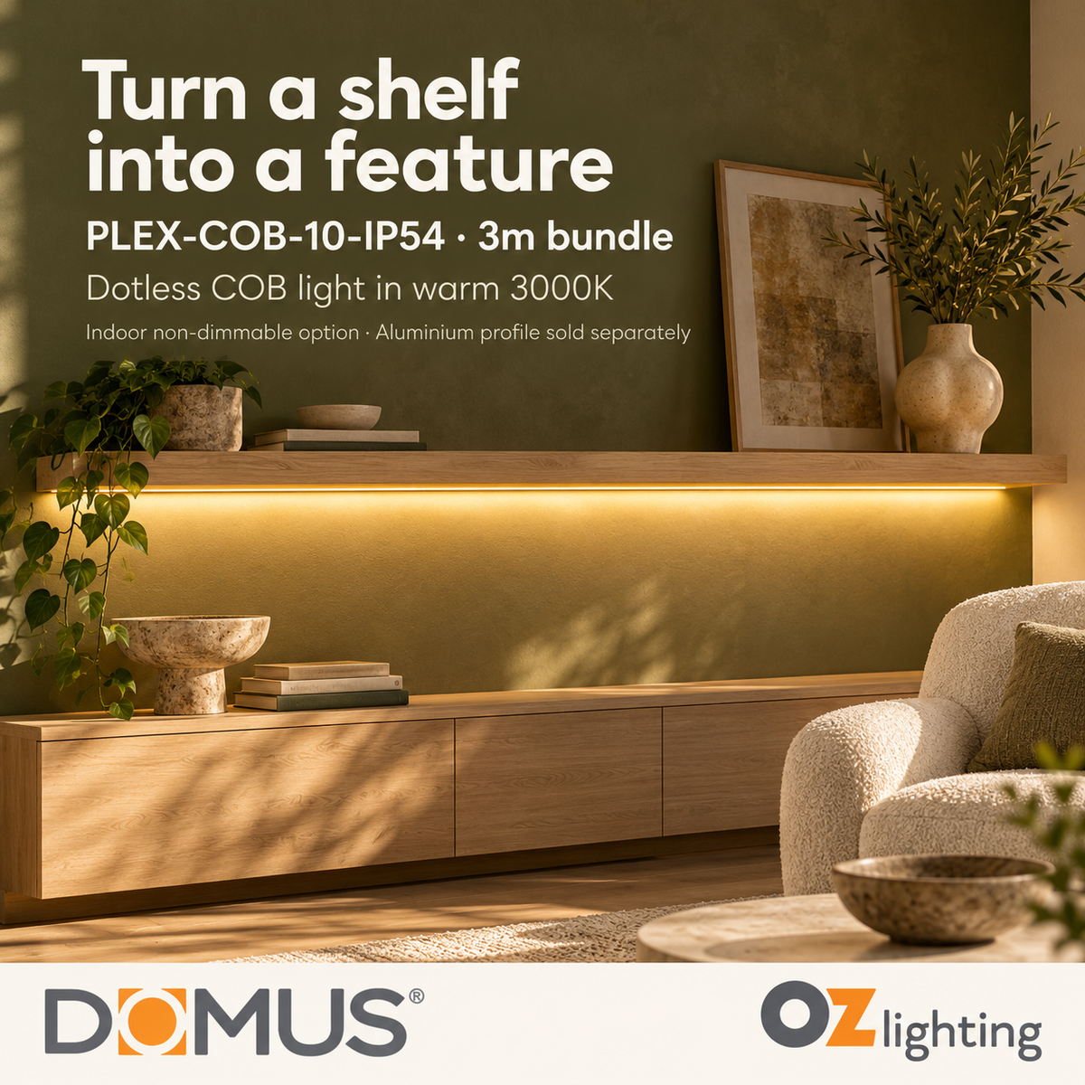 Domus PLEX-COB-10-IP54 3m 3000K LED strip and driver bundle — product benefit