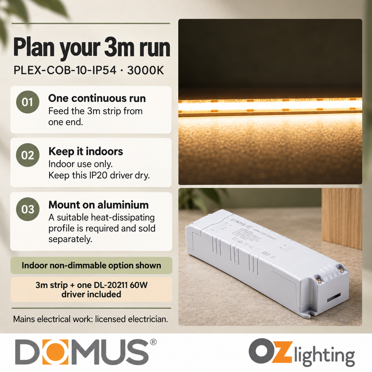 Domus PLEX-COB-10-IP54 3m 3000K LED strip and driver bundle — practical advice