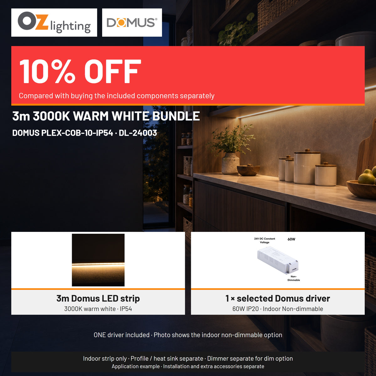 Domus PLEX 3 Metre 10W/m Warm White Strip and Driver Bundle-Domus Lighting-Ozlighting.com.au