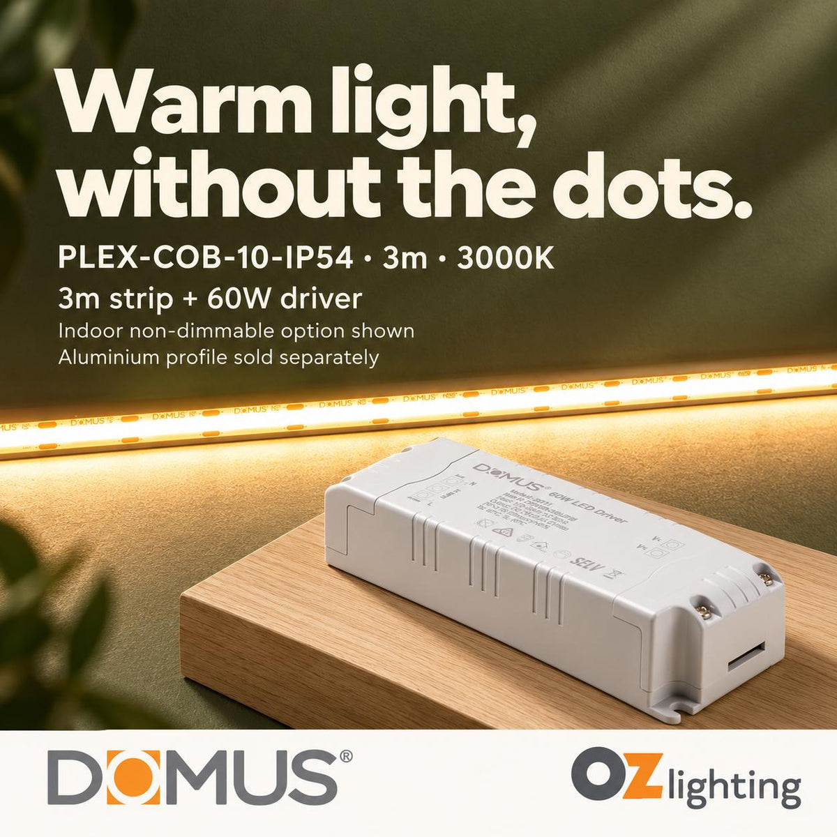 Domus PLEX-COB-10-IP54 3m 3000K LED strip and driver bundle — hero