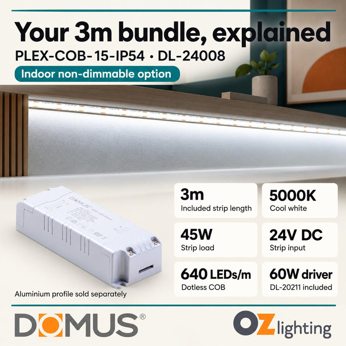 Domus PLEX-COB-15-IP54 3m 5000K LED strip and driver bundle — product details