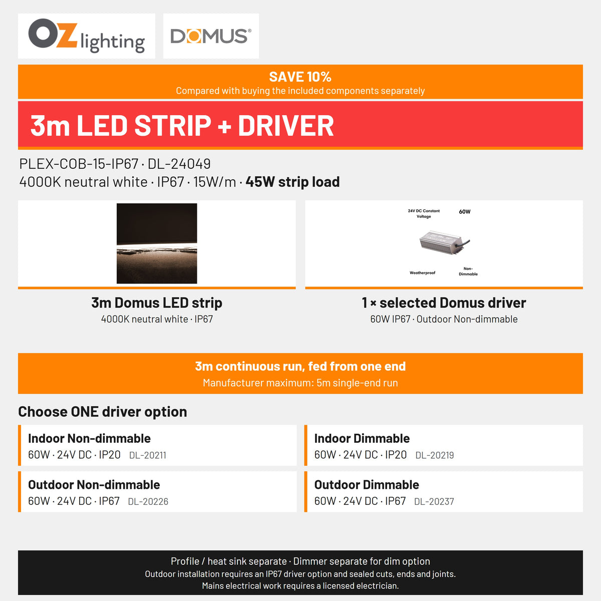 Domus PLEX 3 Metre 15W/m Neutral White Outdoor Strip and Driver Bundle-Domus Lighting-Ozlighting.com.au