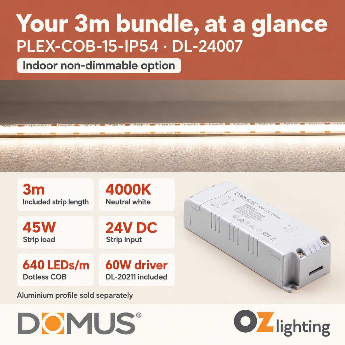 Domus PLEX-COB-15-IP54 3m 4000K LED strip and driver bundle — product details