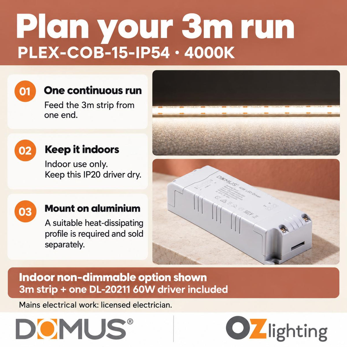 Domus PLEX-COB-15-IP54 3m 4000K LED strip and driver bundle — practical advice