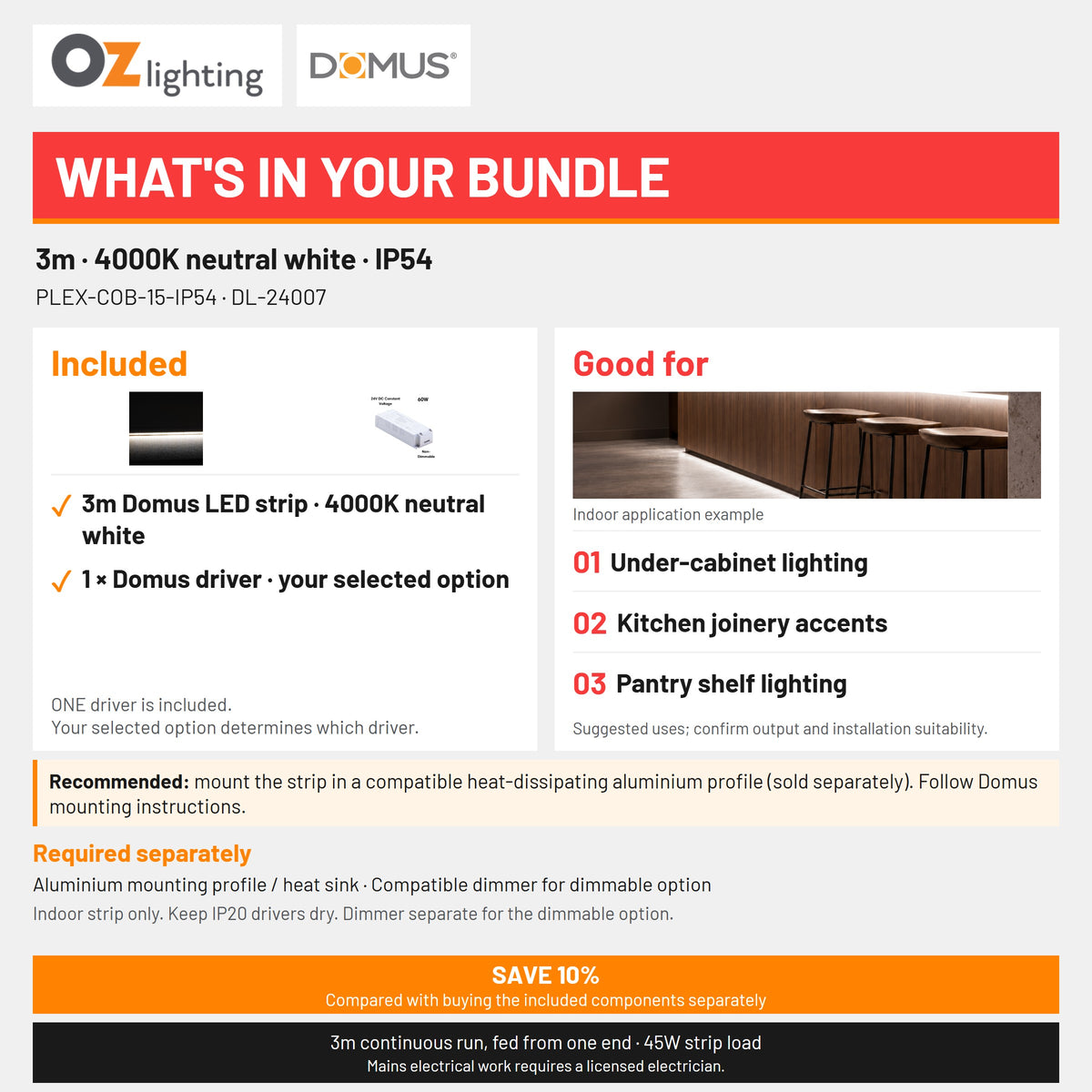 Domus PLEX 3 Metre 15W/m Neutral White Strip and Driver Bundle-Domus Lighting-Ozlighting.com.au