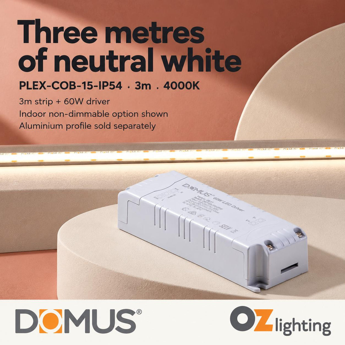 Domus PLEX-COB-15-IP54 3m 4000K LED strip and driver bundle — hero