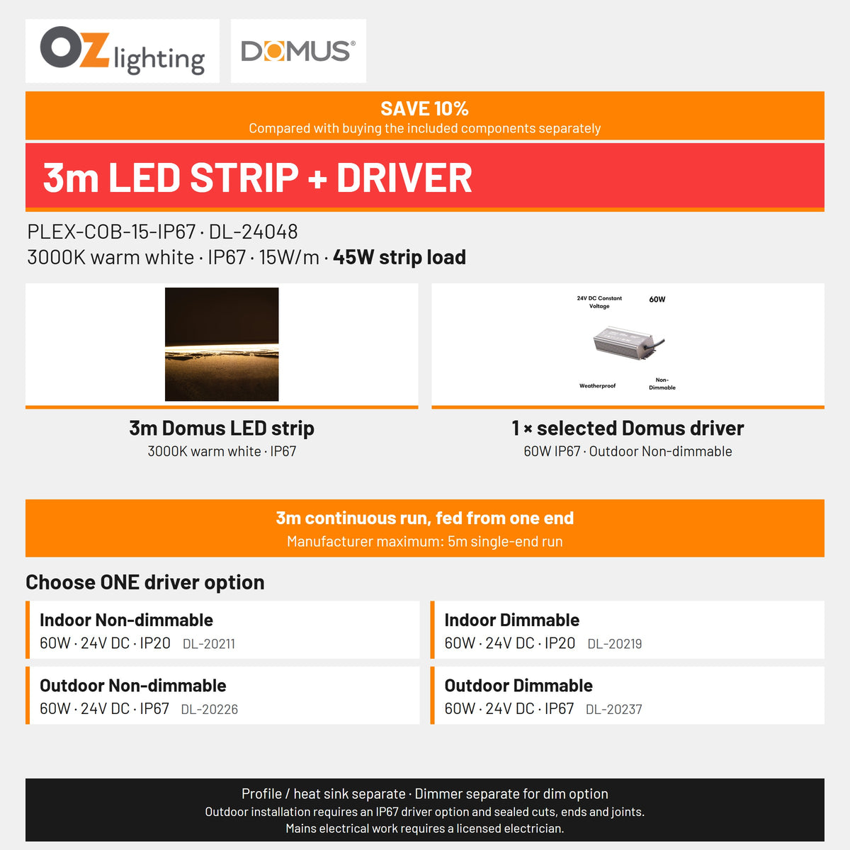 Domus PLEX-COB-15-IP67 LED Strip & Driver Bundle - 3000K, 3m-Domus Lighting-Ozlighting.com.au