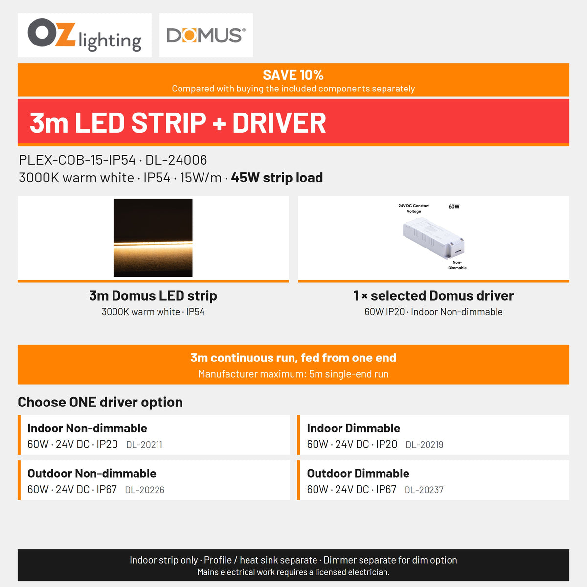 Domus PLEX 3 Metre 15W/m Warm White Strip and Driver Bundle-Domus Lighting-Ozlighting.com.au