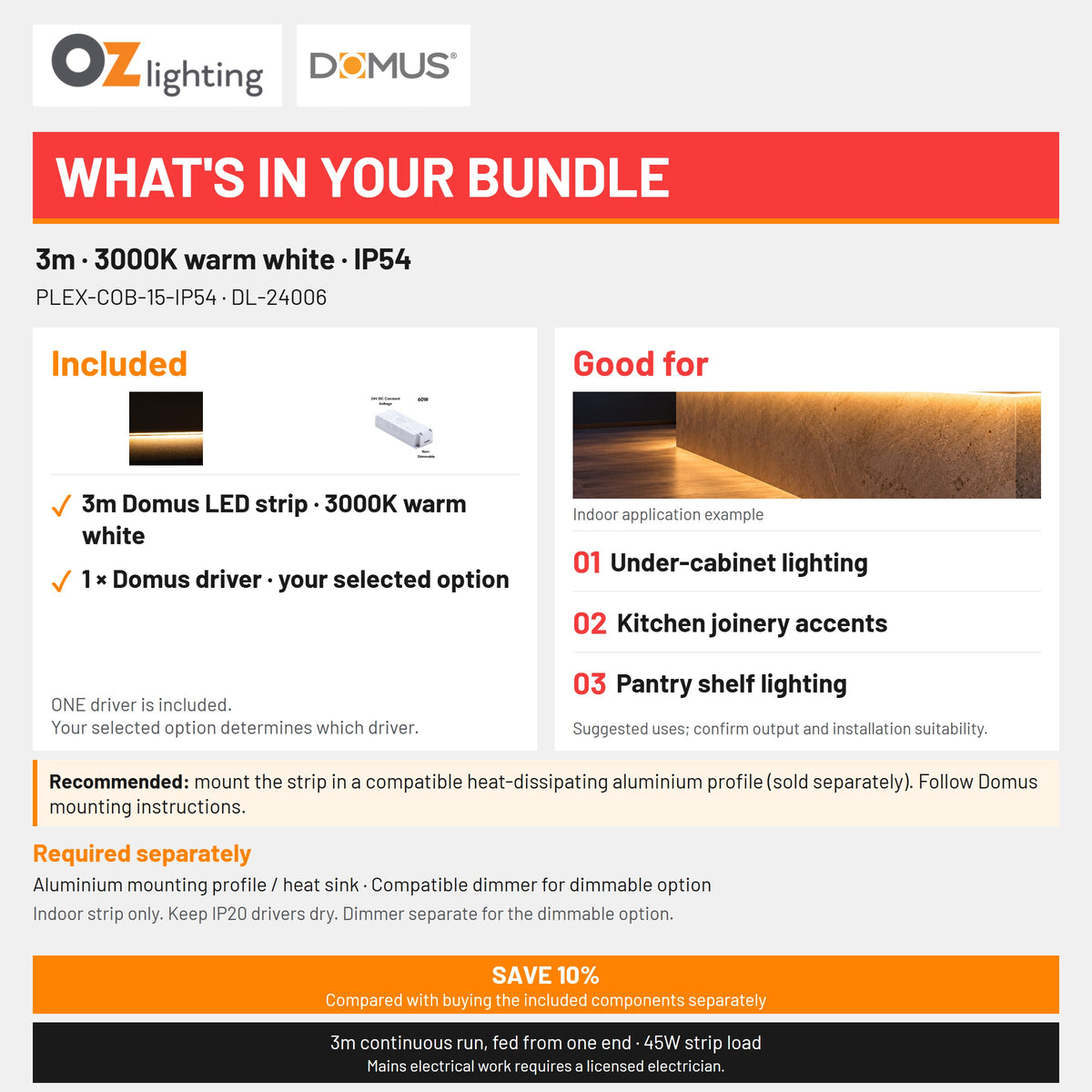Domus PLEX 3 Metre 15W/m Warm White Strip and Driver Bundle-Domus Lighting-Ozlighting.com.au