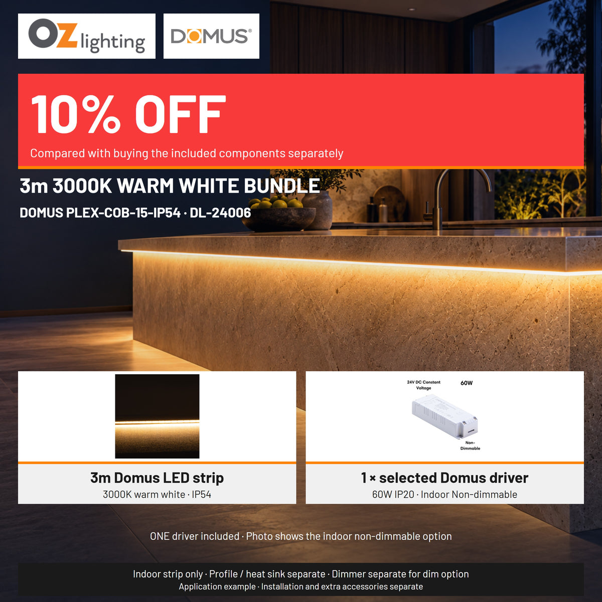Domus PLEX 3 Metre 15W/m Warm White Strip and Driver Bundle-Domus Lighting-Ozlighting.com.au