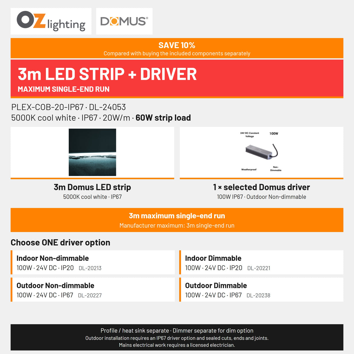 Domus PLEX-COB-20-IP67 LED Strip & Driver Bundle - 5000K, 3m-Domus Lighting-Ozlighting.com.au