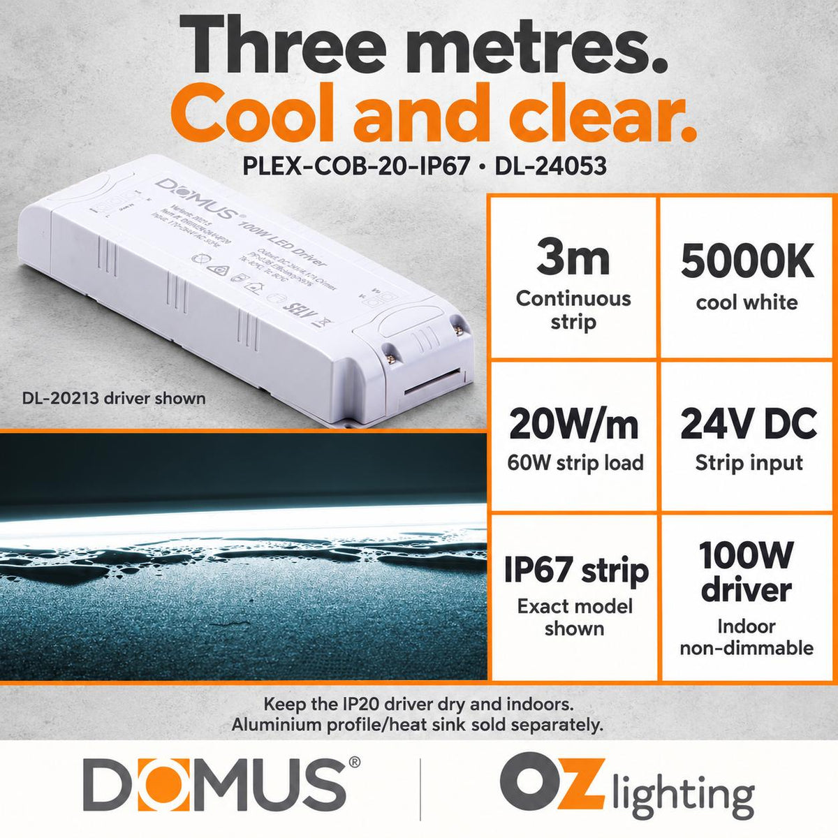 Domus PLEX 3 Metre 20W/m Cool White Outdoor Strip and Driver Bundle-Domus Lighting-Ozlighting.com.au