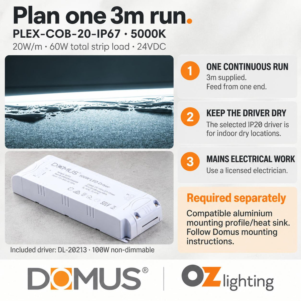 Domus PLEX 3 Metre 20W/m Cool White Outdoor Strip and Driver Bundle-Domus Lighting-Ozlighting.com.au