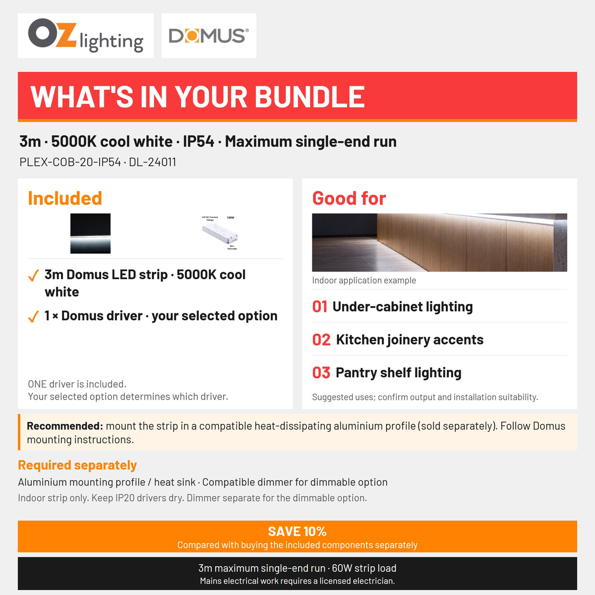 Domus PLEX-COB-20-IP54 LED Strip & Driver Bundle - 5000K, 3m-Domus Lighting-Ozlighting.com.au