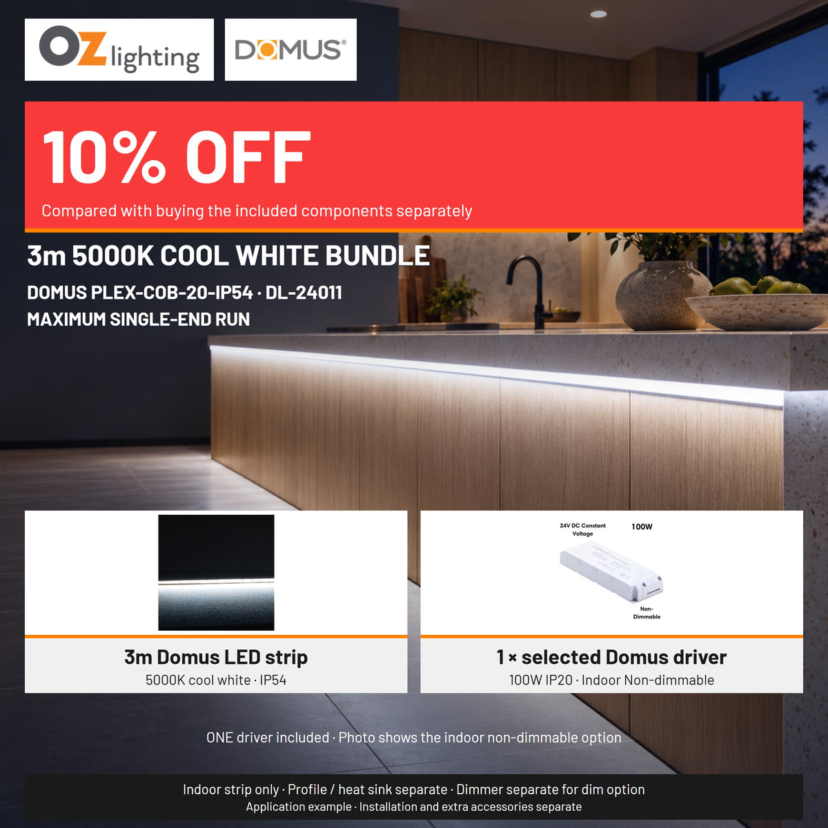 Domus PLEX-COB-20-IP54 LED Strip & Driver Bundle - 5000K, 3m-Domus Lighting-Ozlighting.com.au