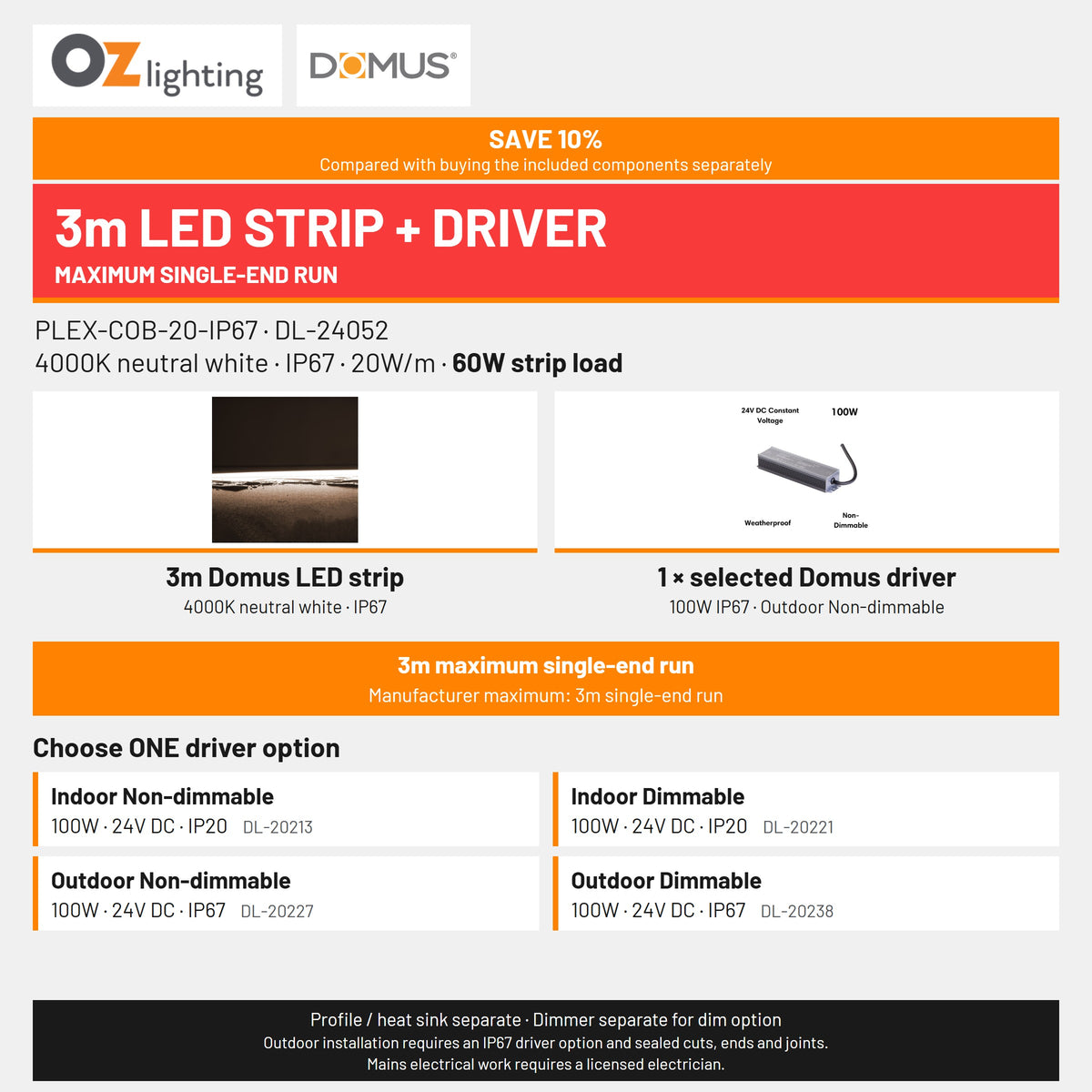Domus PLEX 3 Metre 20W/m Neutral White Outdoor Strip and Driver Bundle-Domus Lighting-Ozlighting.com.au