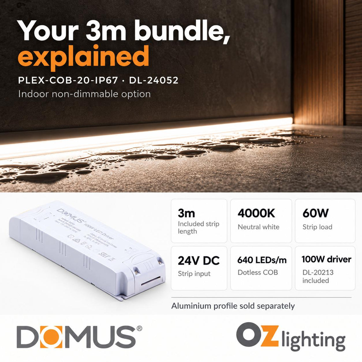 Domus PLEX 3 Metre 20W/m Neutral White Outdoor Strip and Driver Bundle-Domus Lighting-Ozlighting.com.au