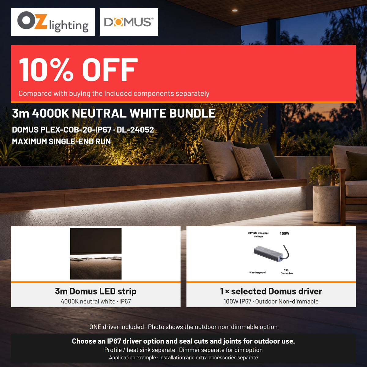 Domus PLEX 3 Metre 20W/m Neutral White Outdoor Strip and Driver Bundle-Domus Lighting-Ozlighting.com.au