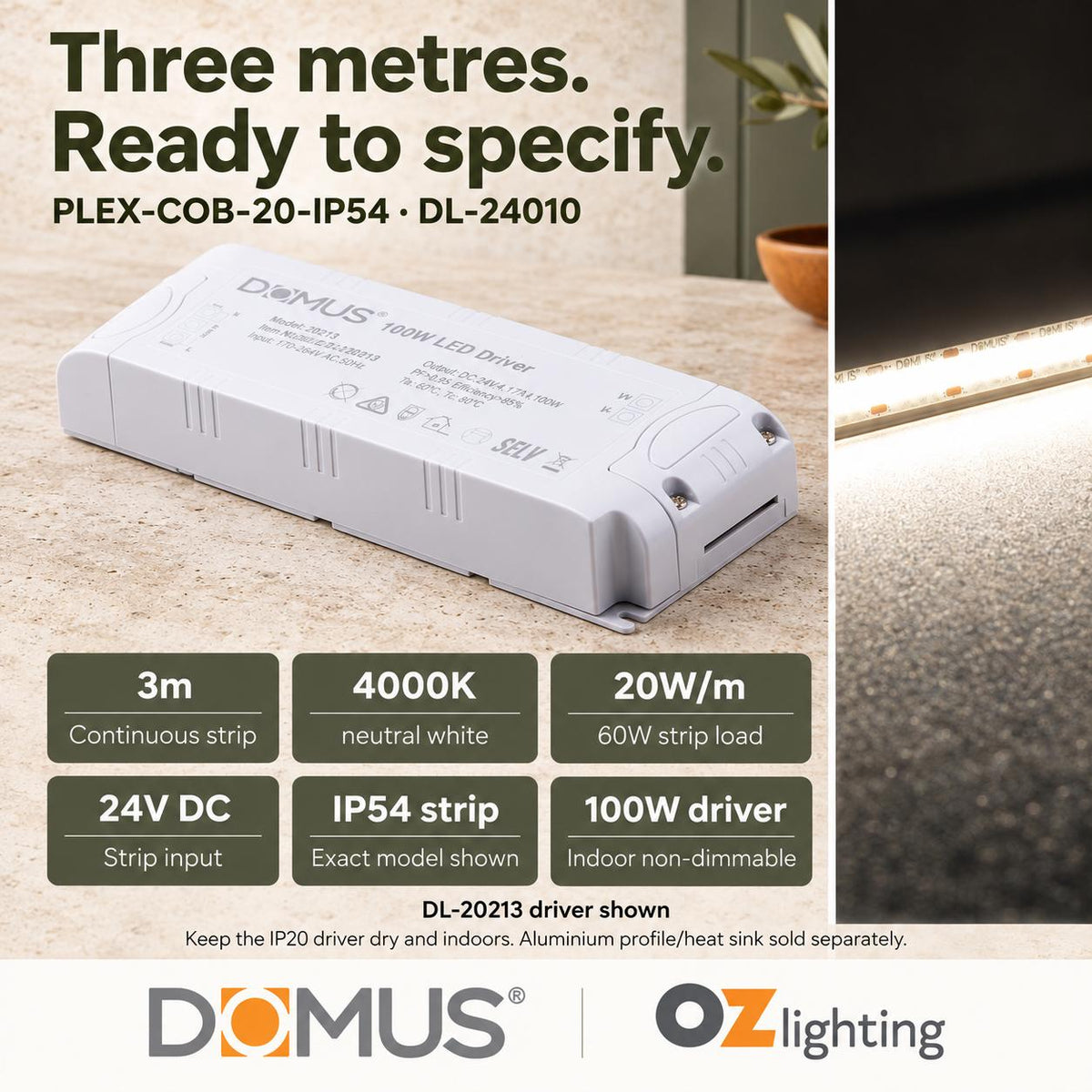 Domus PLEX 3 Metre 20W/m Neutral White Strip and Driver Bundle-Domus Lighting-Ozlighting.com.au