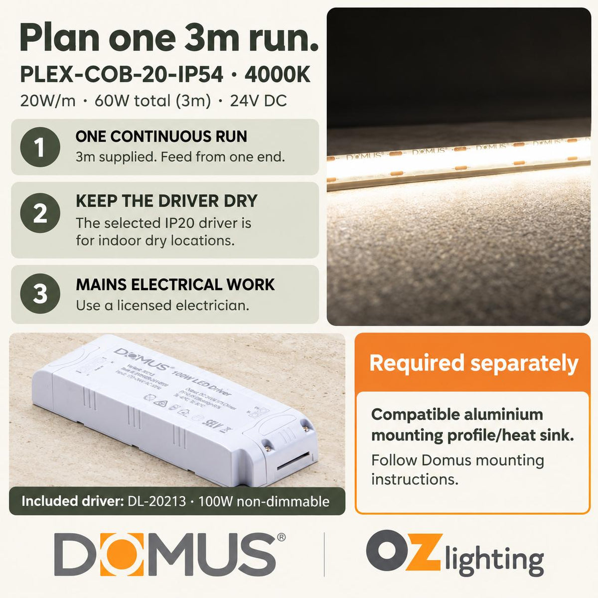 Domus PLEX 3 Metre 20W/m Neutral White Strip and Driver Bundle-Domus Lighting-Ozlighting.com.au