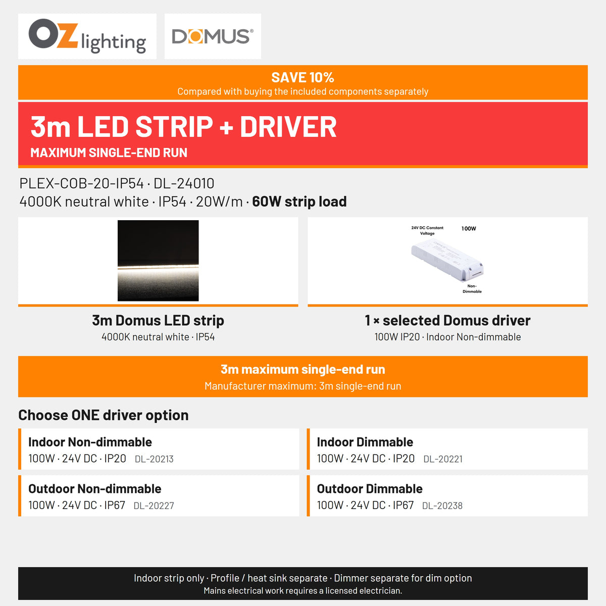 Domus PLEX 3 Metre 20W/m Neutral White Strip and Driver Bundle-Domus Lighting-Ozlighting.com.au