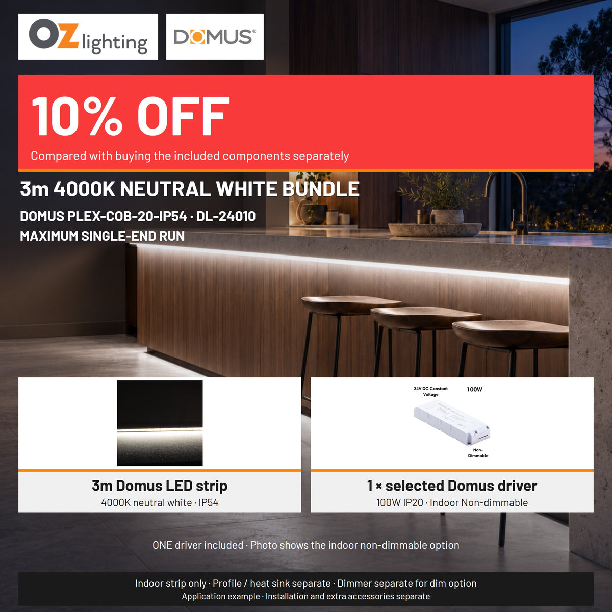 Domus PLEX 3 Metre 20W/m Neutral White Strip and Driver Bundle-Domus Lighting-Ozlighting.com.au