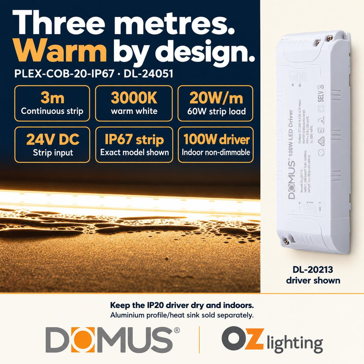 Domus PLEX 3 Metre 20W/m Warm White Outdoor Strip and Driver Bundle-Domus Lighting-Ozlighting.com.au