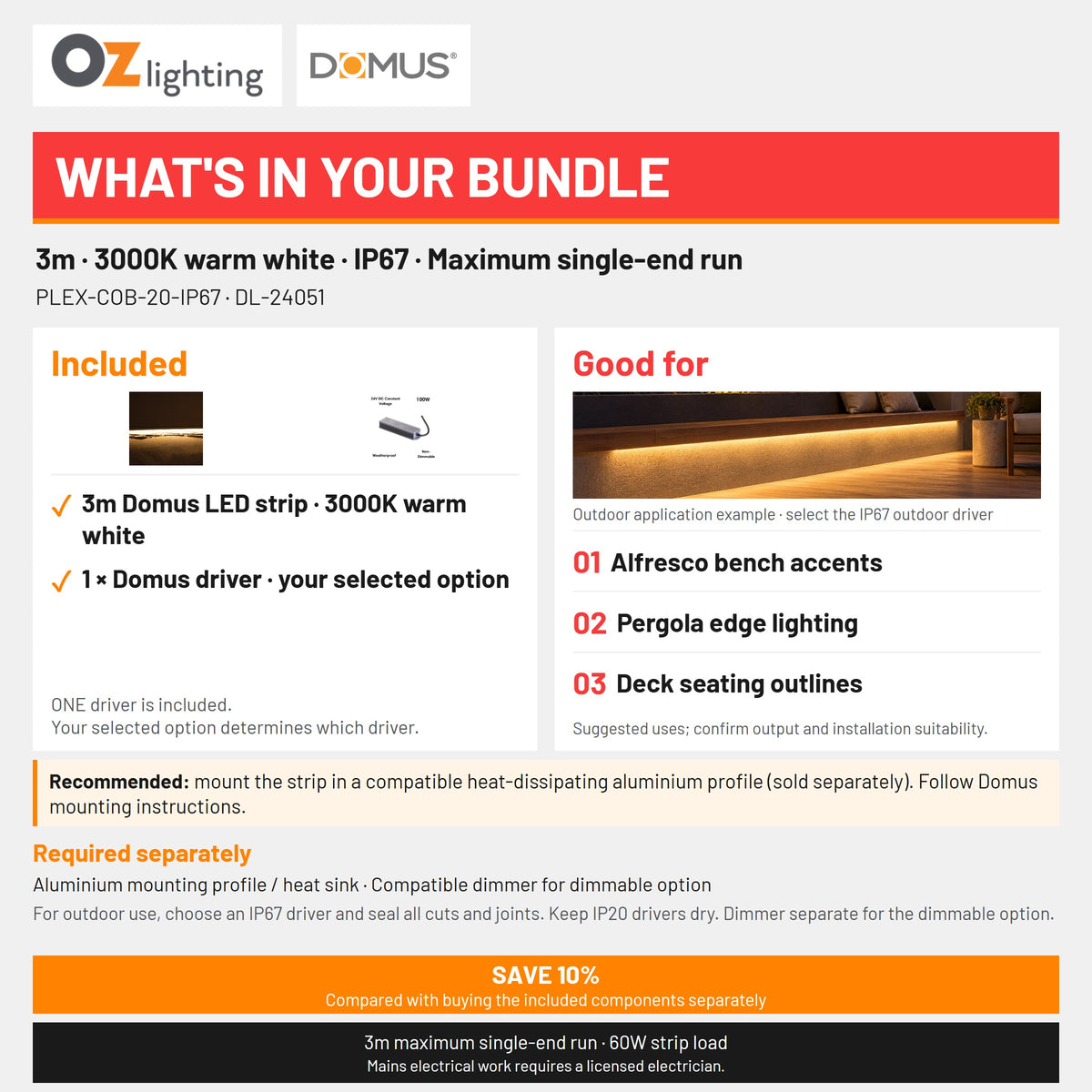 Domus PLEX-COB-20-IP67 LED Strip & Driver Bundle - 3000K, 3m-Domus Lighting-Ozlighting.com.au