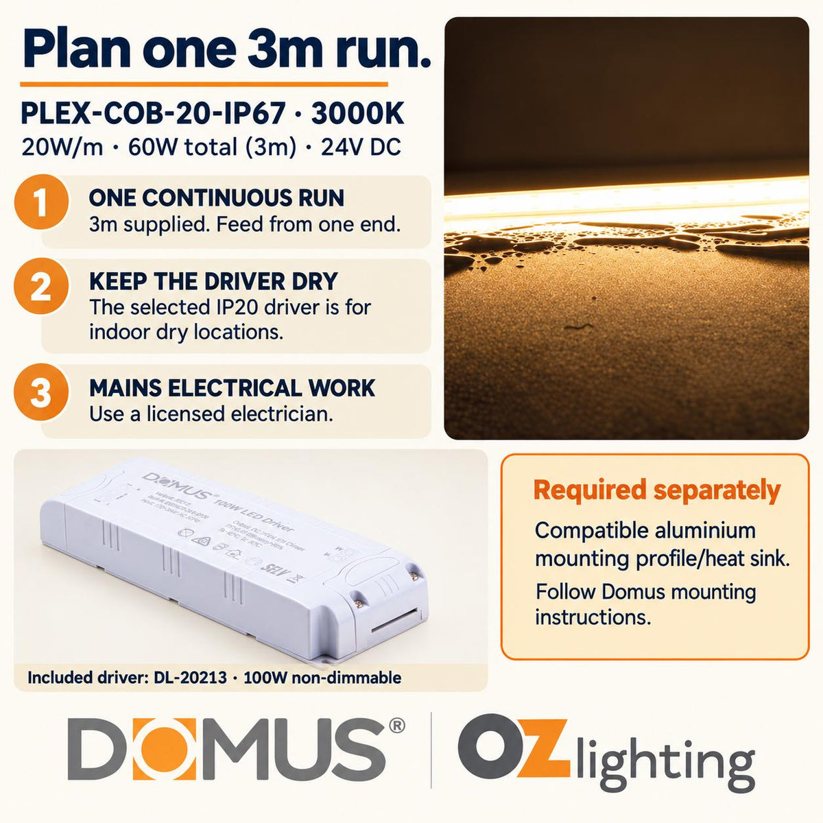 Domus PLEX 3 Metre 20W/m Warm White Outdoor Strip and Driver Bundle-Domus Lighting-Ozlighting.com.au