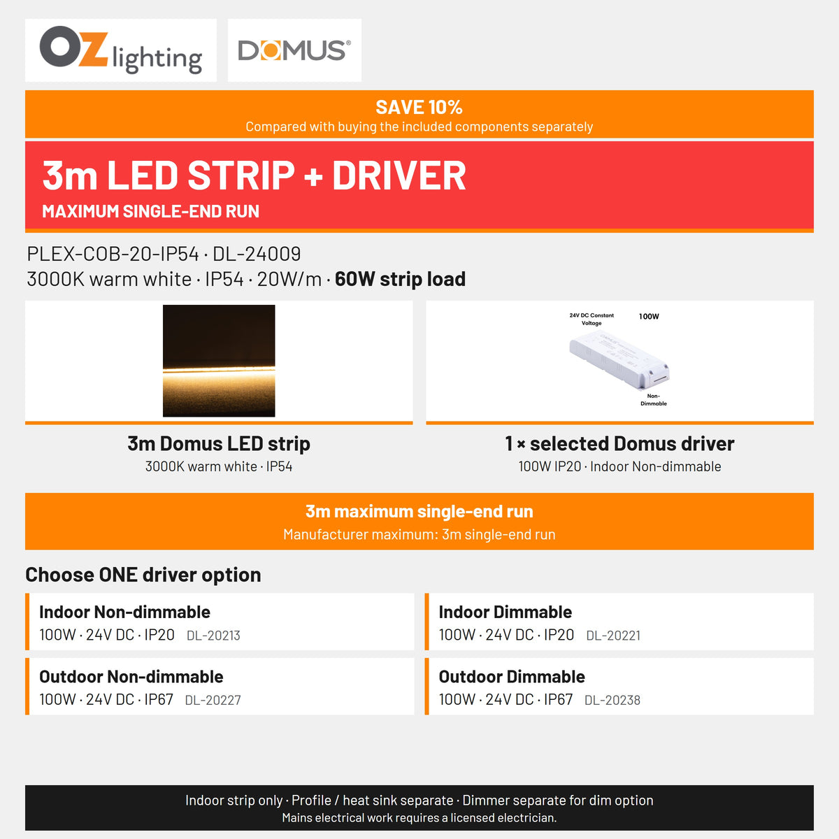 Domus PLEX 3 Metre 20W/m Warm White Strip and Driver Bundle-Domus Lighting-Ozlighting.com.au