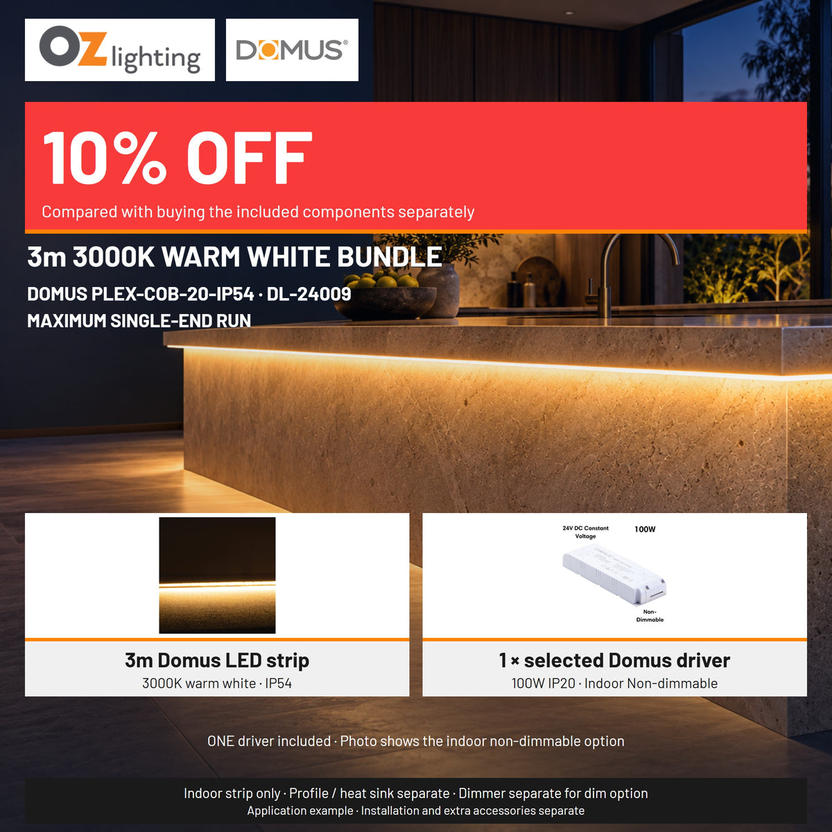 Domus PLEX 3 Metre 20W/m Warm White Strip and Driver Bundle-Domus Lighting-Ozlighting.com.au