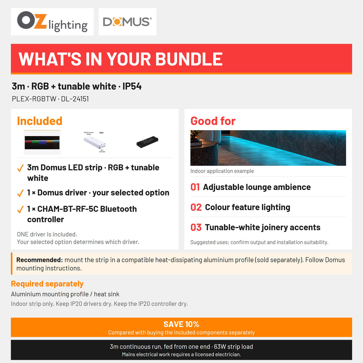 Domus PLEX-RGBTW LED Strip & Driver Bundle - RGB + Tunable White, IP54, 3m-Domus Lighting-Ozlighting.com.au