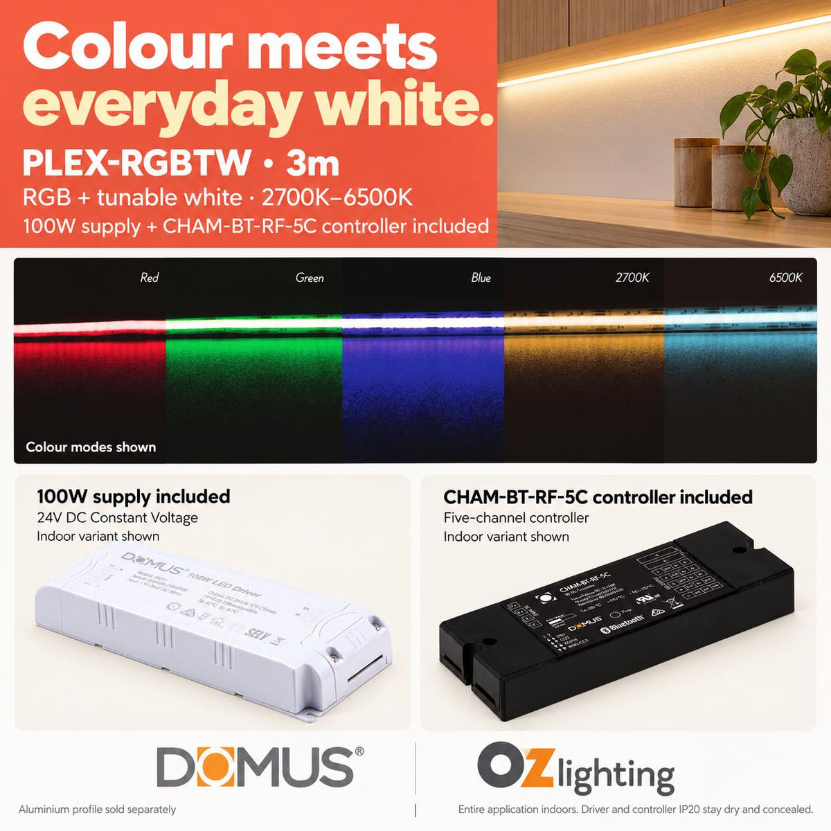 Domus PLEX 3 Metre 21W/m RGB + White Strip and Driver Bundle-Domus Lighting-Ozlighting.com.au
